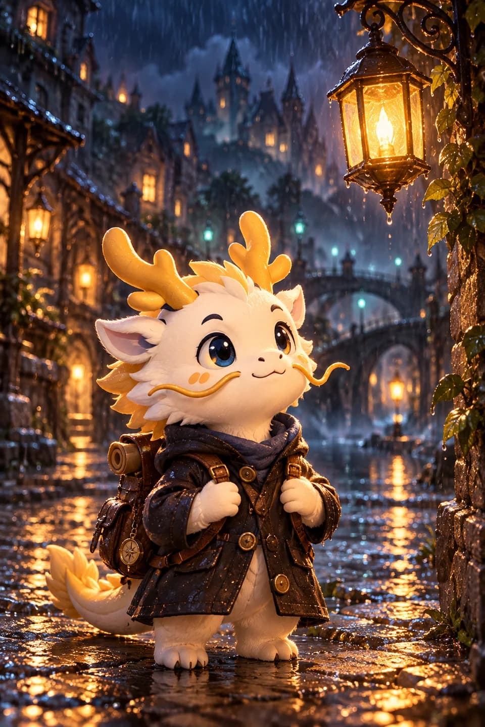 雨夜里撑伞小龙的概念海报